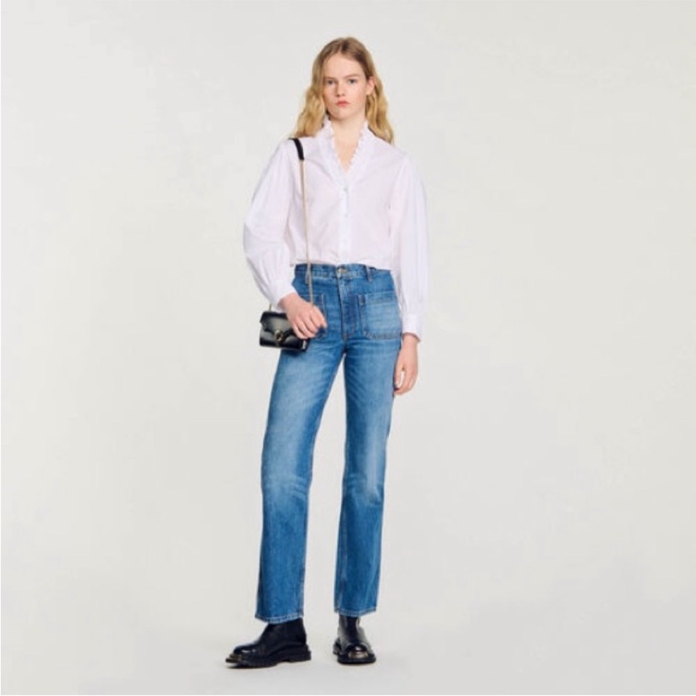 Sandro Crisp White Ruffle Trim Blouse